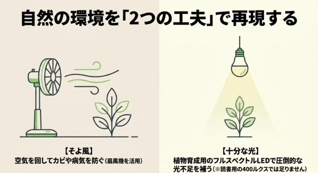 扇風機で空気を回してカビや病気を防ぐ「そよ風」の工夫と、育成用LEDで光不足を補う「十分な光」の工夫についての解説。