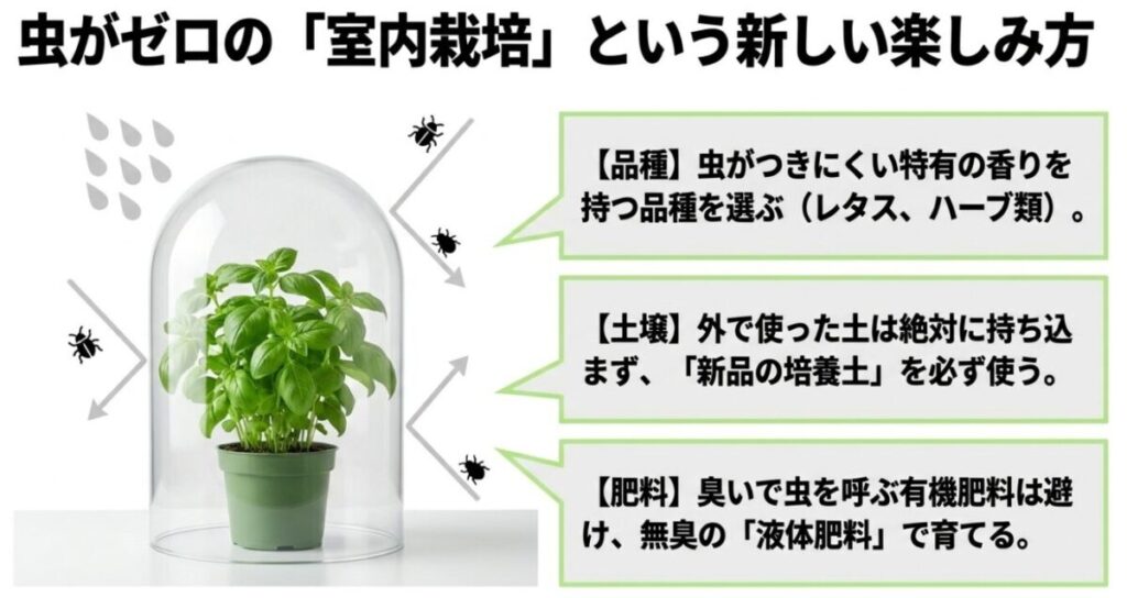 家庭菜園：虫がゼロの室内栽培という新しい楽しみ方について解説するスライド 。品種、土壌、肥料の3つのポイントから失敗しないためのコツを紹介している 。