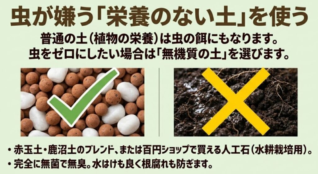 家庭菜園（虫）：虫が嫌う栄養のない無機質の土の選び方。赤玉土や鹿沼土、人工石のメリットを解説するスライド。