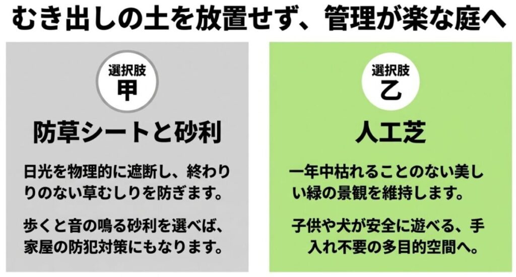 家庭菜園：むき出しの土を放置せず、管理が楽な庭へするための選択肢を提案するスライド 。選択肢甲「防草シートと砂利」、選択肢乙「人工芝」のメリットを比較している 。
