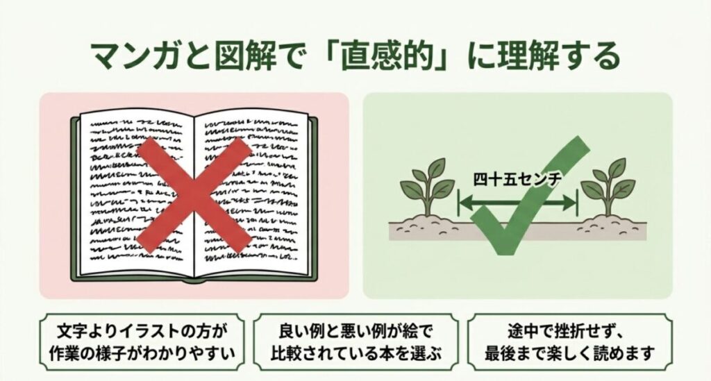 家庭菜園の初心者におすすめの本：活字の文章にバツ印がつき、株間45センチの図解にチェックマークがついたイラスト。文字よりイラストの方が作業の様子がわかりやすいことを説明する図