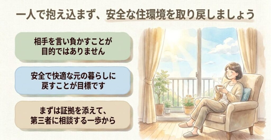 マンションの家庭菜園:明るいリビングのソファで女性がくつろいでコーヒーを飲んでいるイラスト。「一人で抱え込まず、安全な住環境を取り戻しましょう」という見出しとともに、相手を言い負かすのではなく元の暮らしに戻すという目標や、第三者への相談を促す内容が書かれたまとめのスライド画像。