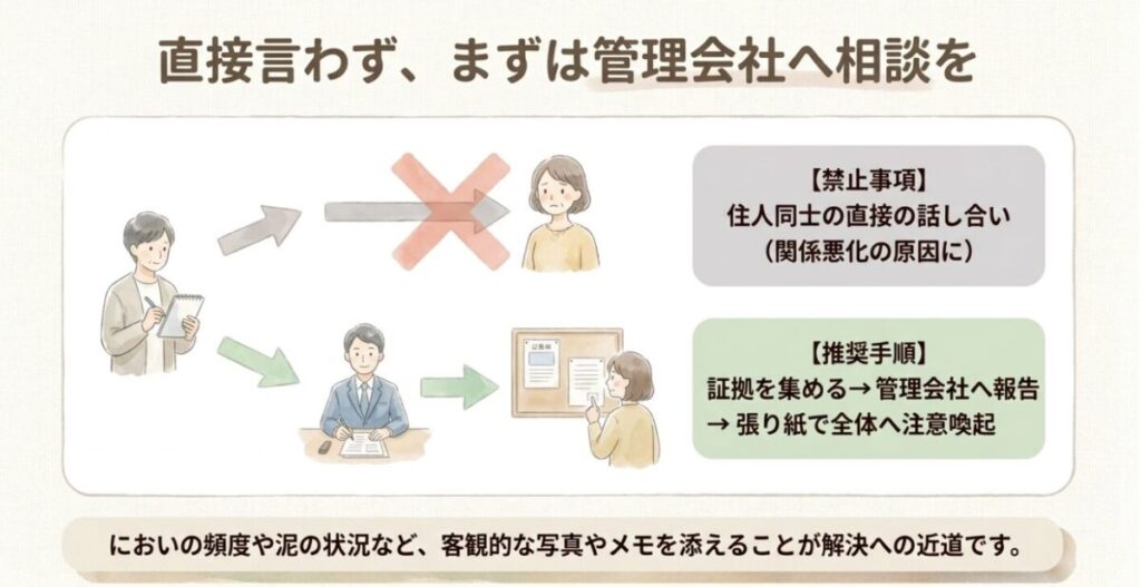 マンションの家庭菜園:ノートとペンを持ってメモを取る人のイラスト。「直接言わず、まずは管理会社へ相談を」という見出しとともに、住民同士の直接の話し合い(禁止事項)と、証拠集めから報告・注意喚起(推奨手順)の流れが記載されたスライド画像。