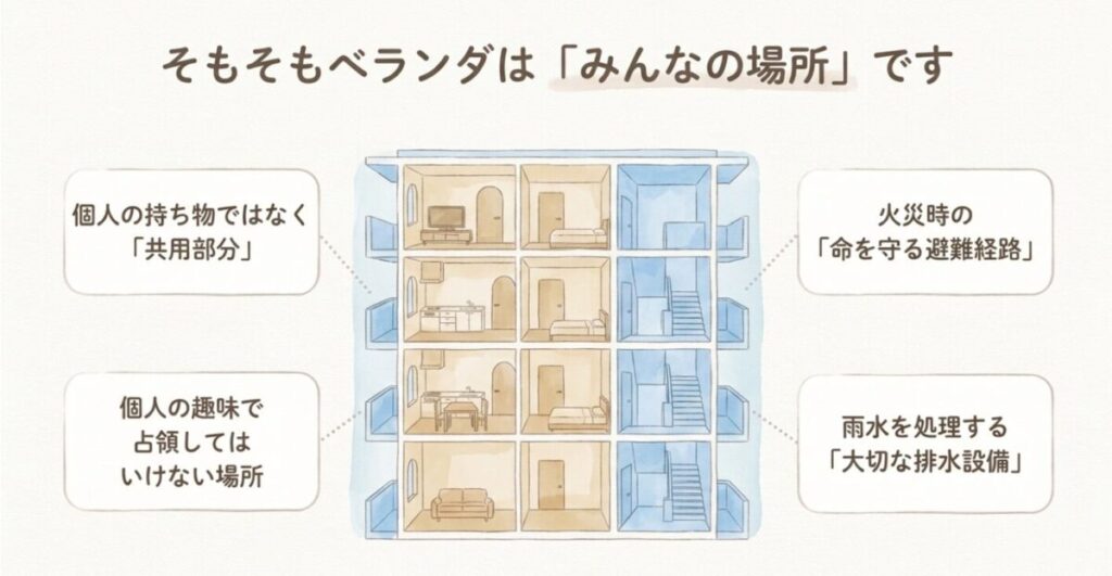 家庭菜園:マンションの各部屋が並ぶ断面図のイラスト。「そもそもベランダは『みんなの場所』です」という見出しとともに、個人の持ち物ではなく「共用部分」であること、火災時の避難経路、雨水を処理する排水設備としての役割が説明されたスライド画像。