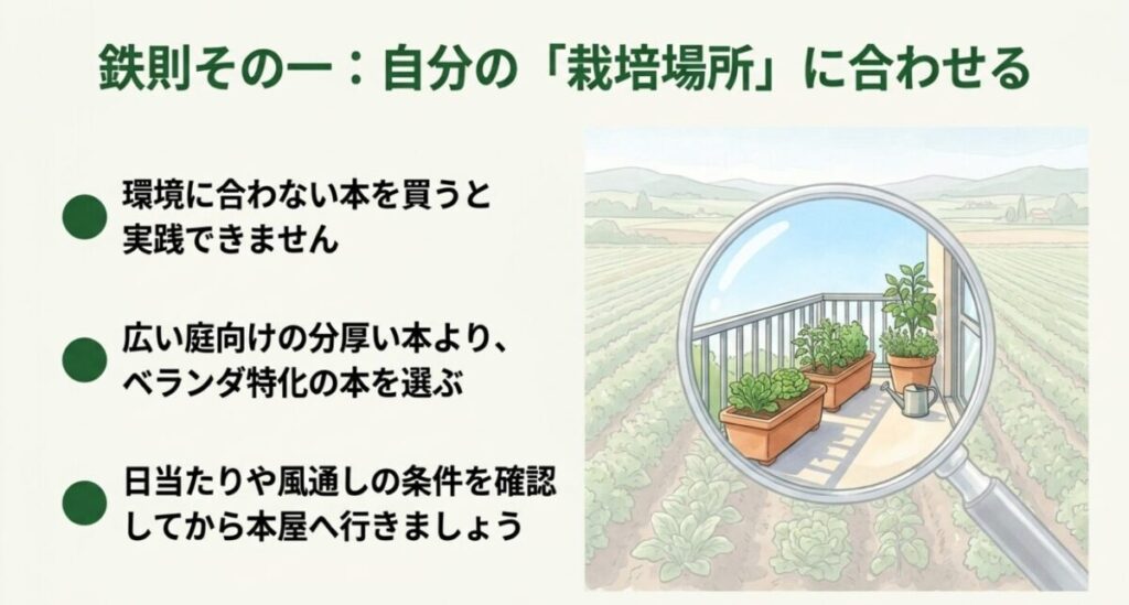 家庭菜園の初心者におすすめの本：広い畑を背景に、虫眼鏡でベランダのプランター栽培を拡大しているイラスト。自分の環境や栽培場所に合わせた本を選ぶ鉄則を説明する図