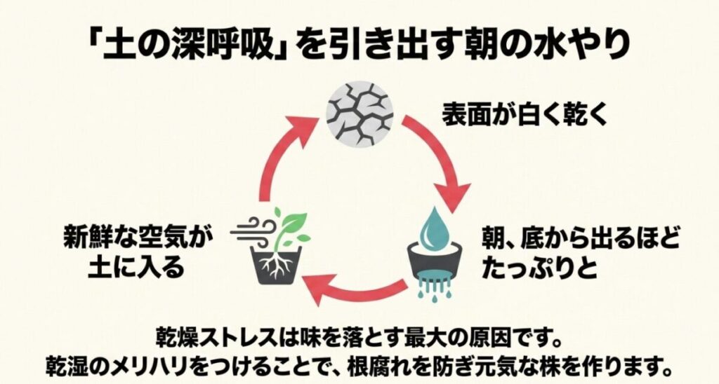 土の表面が白く乾いたら、朝に底から出るほどたっぷりと水やりをして土に新鮮な空気を入れるサイクル図