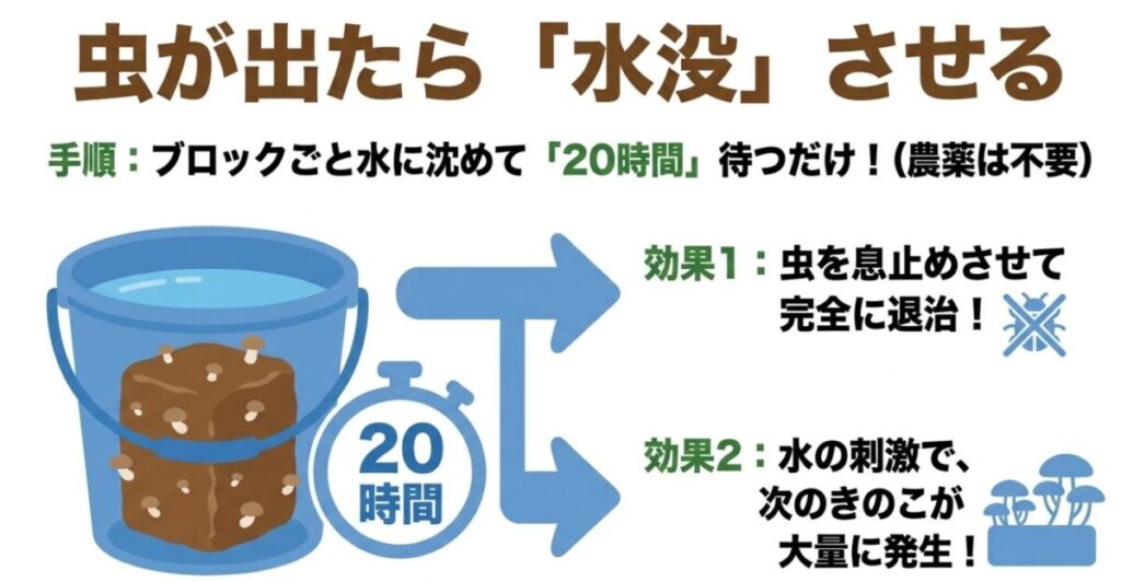 虫が出たらブロックごと水に20時間沈めることで、虫を息止めさせて退治しつつ、水の刺激で次のきのこの発生を促す効果を説明したスライド