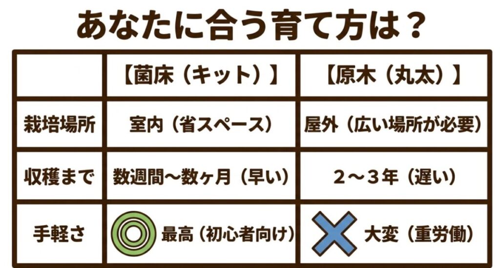 菌床キットと原木丸太の栽培場所、収穫までの期間、手軽さを比較した表