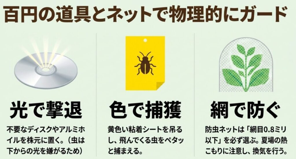 家庭菜園（虫）：100均グッズや防虫ネットを使った物理的な防虫対策。光の反射、黄色の粘着シート、細かい網での防ぎ方を紹介するスライド。