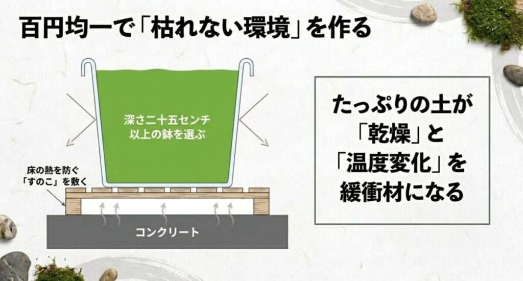 家庭菜園で節約：コンクリート床の熱を防ぐためのすのこの敷き方 と、深さ25センチ以上の鉢を選ぶことでたっぷりの土が乾燥と温度変化の緩衝材になることを説明した図