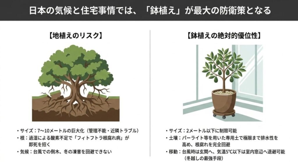 アボカドの家庭菜園：地植えのリスク（巨大化・根腐れ・台風被害）と、鉢植えの絶対的優位性（サイズ制限・排水性向上・台風や冬の室内移動による防衛）を対比した解説図。
