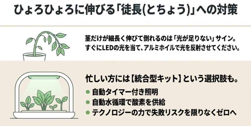 茎が細長く伸びる「徒長」の原因が光不足であることの解説と、自動タイマーや水循環機能を備えた「統合型キット」の紹介。