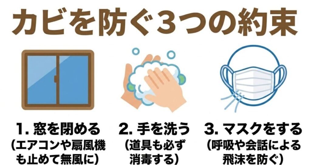 カビを防ぐための対策として、窓を閉めて無風にする、手を洗って消毒する、マスクをして飛沫を防ぐという3つの約束をまとめたスライド
