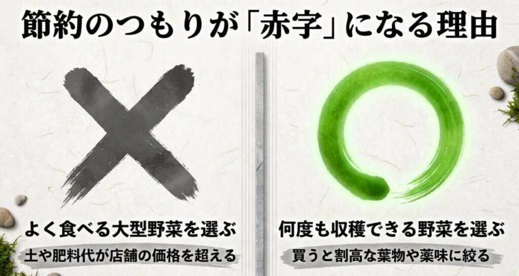 家庭菜園で節約：家庭菜園で赤字になる理由として、大型野菜を選ぶと土や肥料代が店舗価格を超えること 、対策として何度も収穫できる割高な葉物や薬味に絞ることを図解したスライド