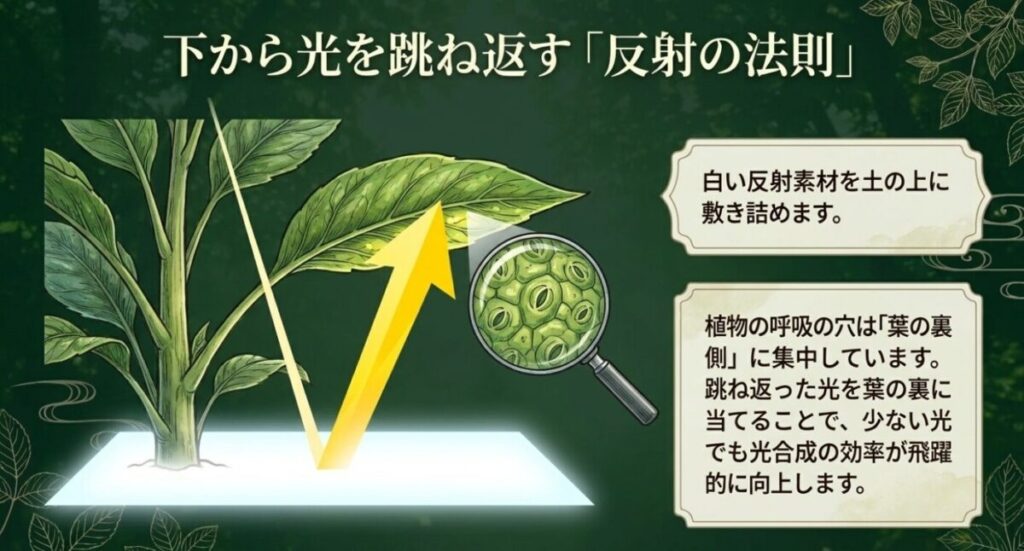 日陰家庭菜園：土の上に白い反射素材を敷き詰め、下から光を跳ね返して葉の裏側に当てることで光合成を促進する仕組みの図。