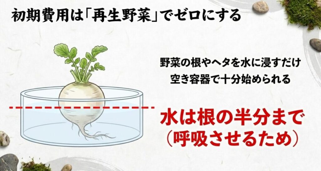 家庭菜園で節約：野菜の根やヘタを空き容器の水に浸すだけで始められる再生野菜を図解したスライド 。根を呼吸させるため水は半分までに設定する