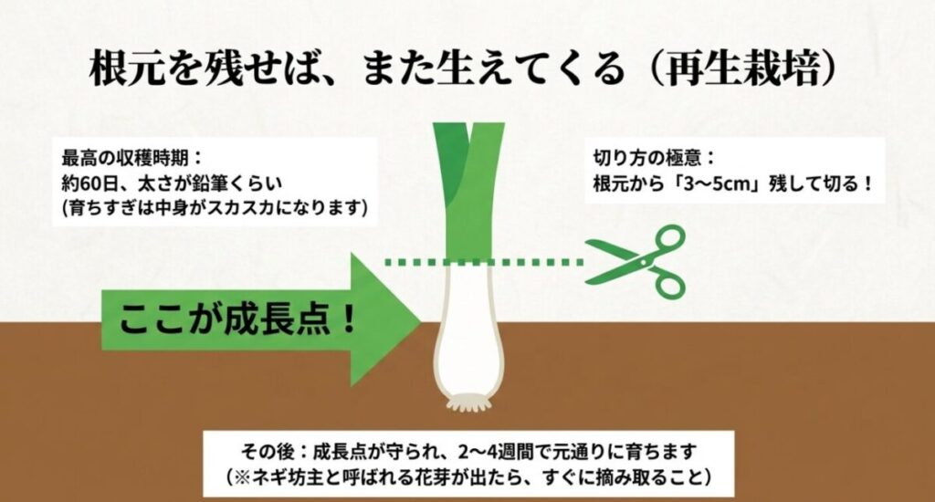 家庭菜園で小ネギ：太さが鉛筆くらいになる約60日の最適な収穫時期と、成長点を守るために根元から3から5cm残して切る極意