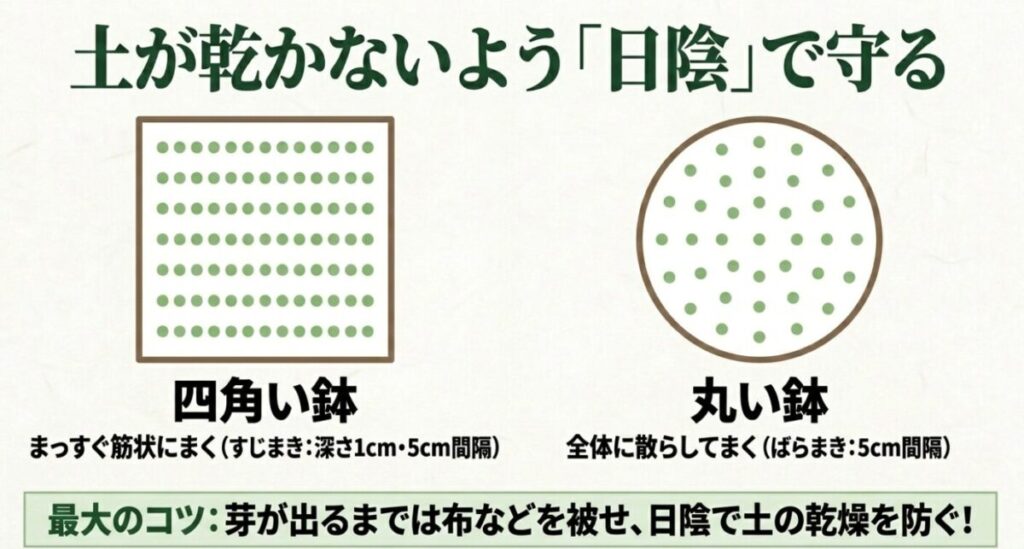 家庭菜園で小ネギ：四角い鉢のすじまきと丸い鉢のばらまきの配置図と、芽が出るまで日陰で土の乾燥を防ぐコツ