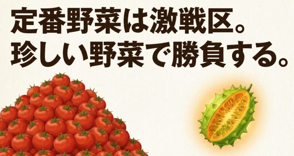 家庭菜園で育てた野菜を売る：「定番野菜は激戦区。珍しい野菜で勝負する。」というテキストが書かれたスライド画像。