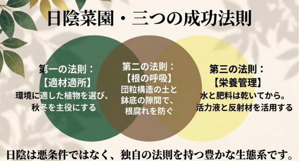 日陰家庭菜園：第一の法則「適材適所」、第二の法則「根の呼吸」、第三の法則「栄養管理」という日陰菜園の成功法則をまとめた図。