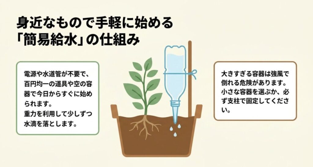 家庭菜園の自動水やり:ペットボトルを逆さに挿した植物のイラスト 。電源不要で百円均一の道具などで始められ、重力を利用して水滴を落とす仕組みを解説しています 。大きすぎる容器は強風で倒れる危険があることも指摘されています 。