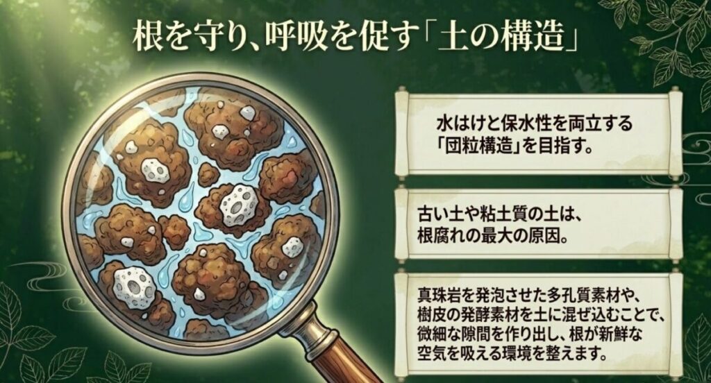 日陰家庭菜園：ルーペで拡大された土の中の様子。真珠岩などの多孔質素材が混ざり合い、水はけと保水性を両立する団粒構造と隙間ができているイラスト。