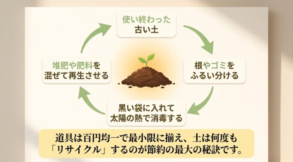 家庭菜園のメリット：使い終わった古い土の根やゴミをふるい分け、太陽の熱で消毒し、堆肥や肥料を混ぜて再生させる手順と、リサイクルが節約の秘訣であることの解説 。