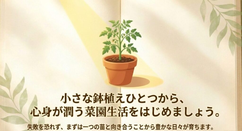 家庭菜園のメリット：小さな鉢植えひとつから心身が潤う菜園生活をはじめましょう、というメッセージ 。