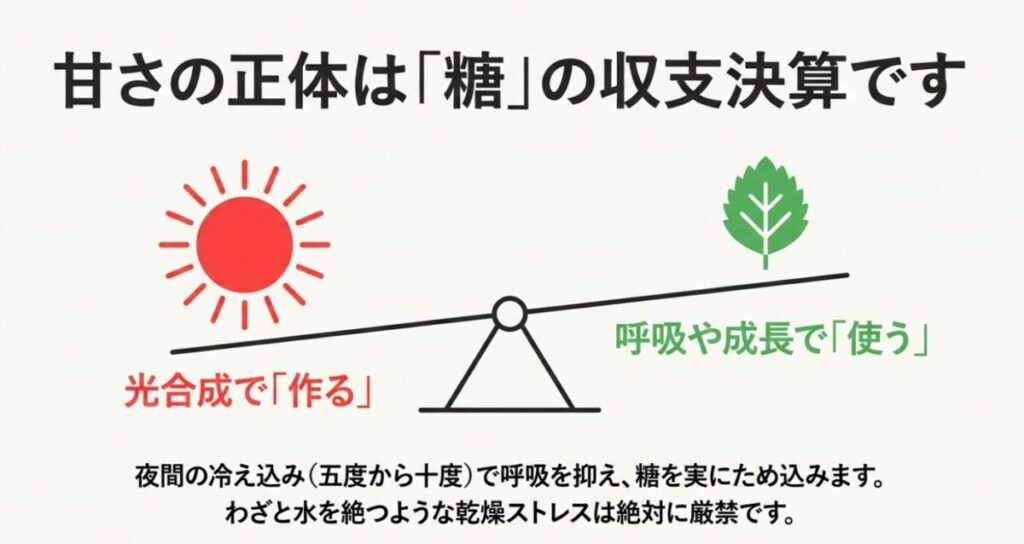 いちごの甘さの正体は糖の収支決算であり、光合成で糖を作り、呼吸や成長で糖を使うメカニズムの図解