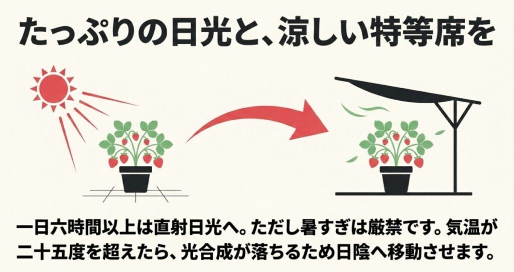 いちごには1日6時間以上の直射日光が必要だが、気温が25度を超えたら日陰へ移動させる温度管理のポイント