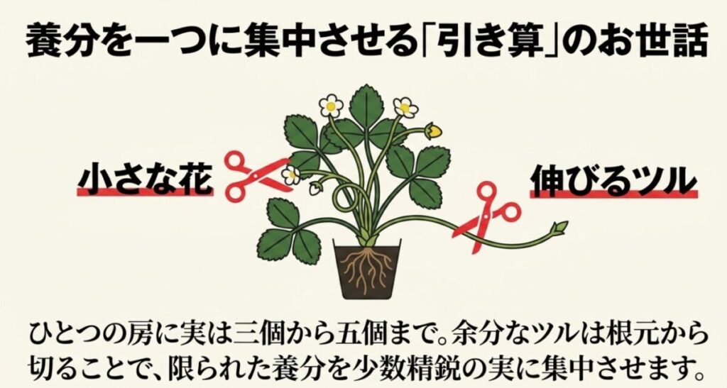 ひとつの房の果実を3個から5個に絞り、伸びる余分なツルはハサミで根元から切るお世話のイラスト