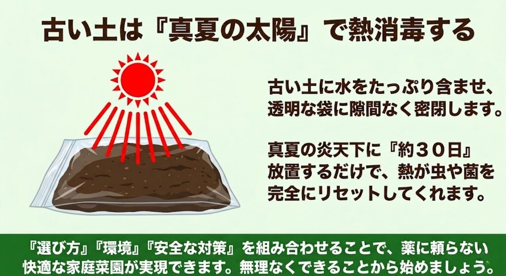 家庭菜園（虫）：古い土は真夏の太陽で熱消毒する手順。水をたっぷり含ませて透明な袋に密閉し、30日放置してリセットする方法のスライド。