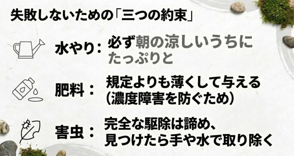 家庭菜園で節約：失敗しないための約束として、水やりは朝涼しいうちにたっぷりと 、肥料は濃度障害を防ぐため規定量にし 、害虫は完全駆除を諦め見つけたら取り除くこと をまとめた表