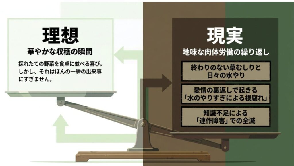 家庭菜園の継続を阻む三つの壁として、第一の壁「時間と労力」、第二の壁「費用対効果」、第三の壁「虫と獣害」を説明するスライド 。