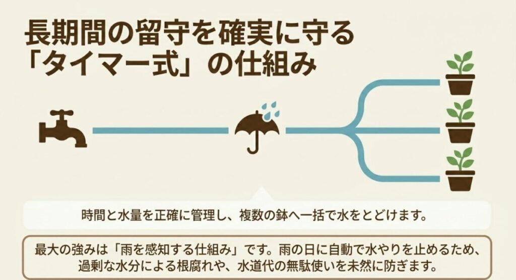 家庭菜園の自動水やり:雨傘のアイコン 。時間と水量を正確に管理する仕組みや 、雨の日に自動で水やりを止めて過剰な水分や水道代の無駄を防ぐ強みを解説しています 。