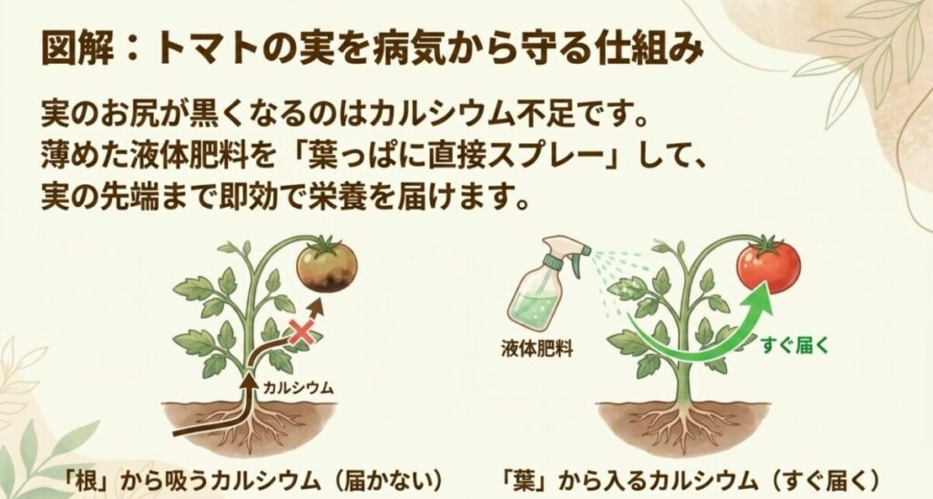卵の殻を肥料にする：実のお尻が黒くなるのはカルシウム不足が原因であり、液体肥料を直接葉から入れることで実の先端まですぐ届くことを説明するトマトの図解 。