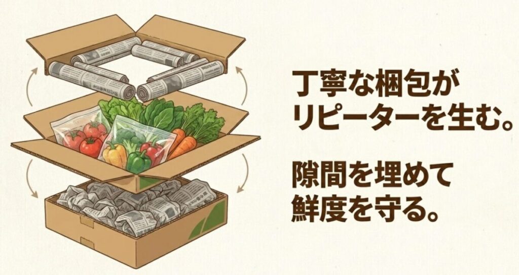 家庭菜園で育てた野菜を売る：丁寧な梱包がリピーターを生む。隙間を埋めて鮮度を守るというテキストが書かれたスライド画像。