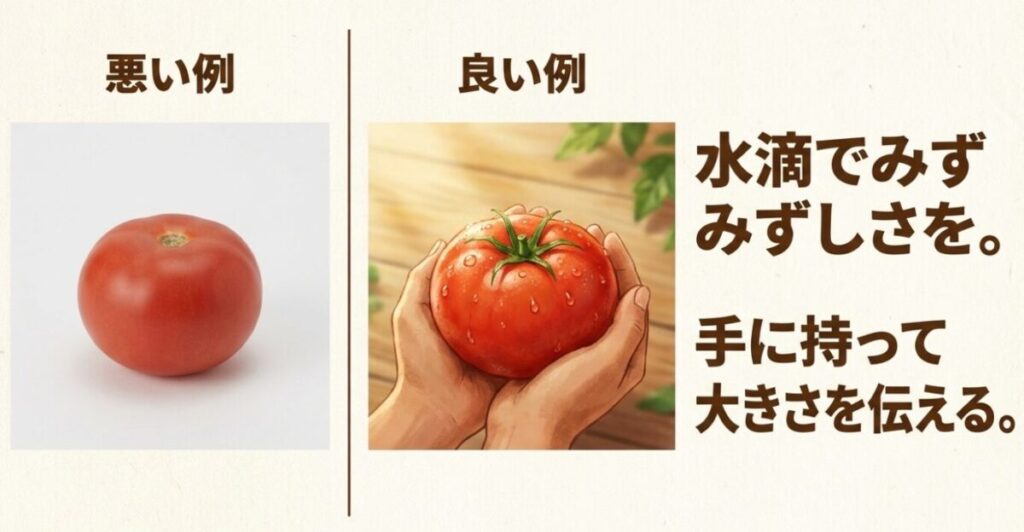 家庭菜園で育てた野菜を売る：水滴がついたみずみずしい大きなトマトを両手で持っているイラスト。水滴でみずみずしさを、手に持って大きさを伝えるという良い例の解説。