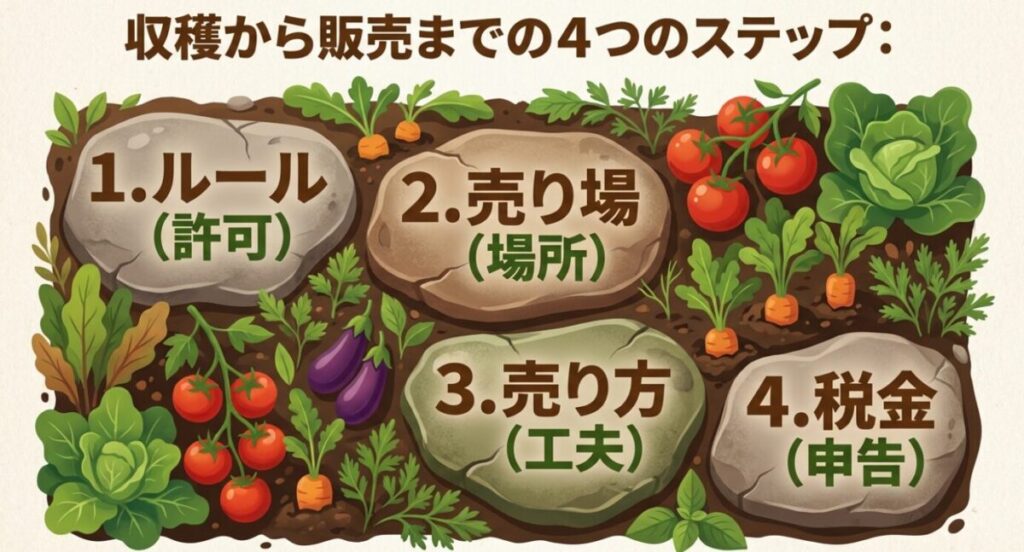 家庭菜園で育てた野菜を売る：収穫から販売までの4つのステップとして、1.ルール（許可）、2.売り場（場所）、3.売り方（工夫）、4.税金（申告）を示した図解。