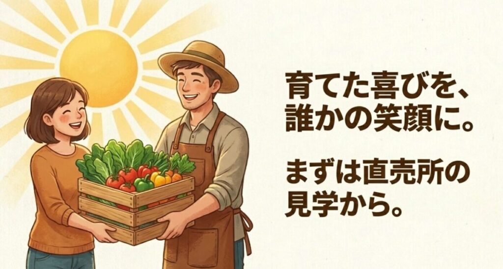 家庭菜園で育てた野菜を売る：育てた喜びを誰かの笑顔に。太陽の下で、笑顔の農家さんが野菜がいっぱい入った木箱をお客さんに手渡しているイラスト。