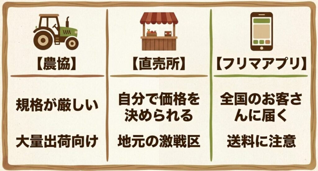 家庭菜園で育てた野菜を売る：農協（大量出荷向けで規格が厳しい）、直売所（自分で価格を決められる地元の激戦区）、フリマアプリ（全国のお客さんに届くが送料に注意）の特徴を比較したイラスト。