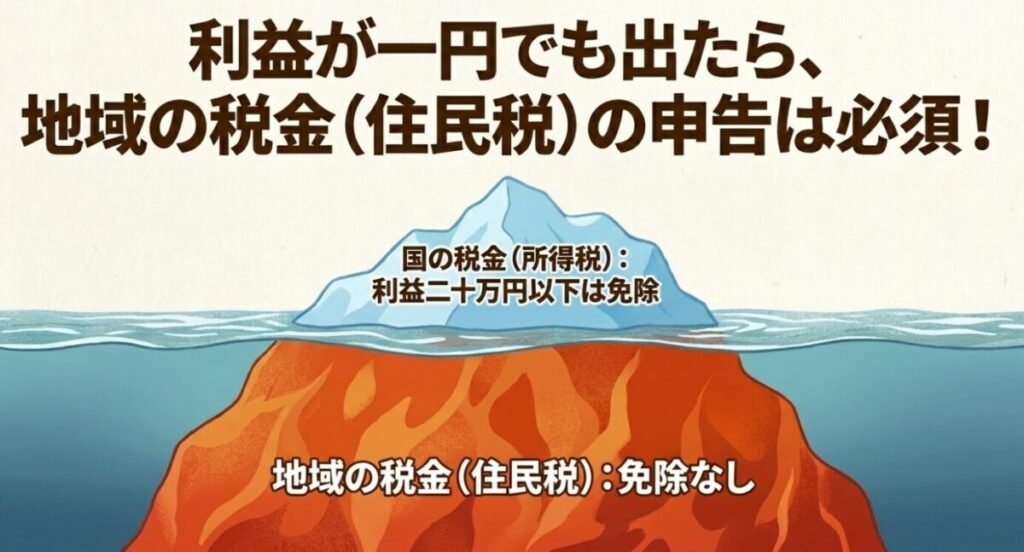 家庭菜園で育てた野菜を売る：利益が一円でも出たら地域の税金（住民税）の申告は必須。国の税金（所得税）は利益二十万円以下は免除されるというルールの解説画像。