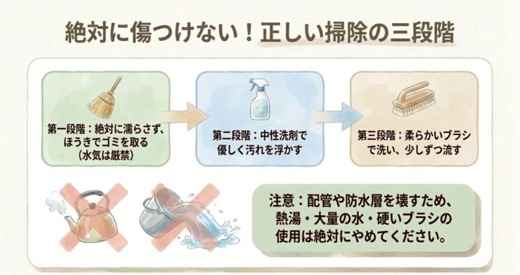 マンションの家庭菜園:「絶対に傷つけない!正しい掃除の三段階」という見出しとともに、第一段階(ほうきでゴミ取り)、第二段階(中性洗剤で汚れ浮かし)、第三段階(柔らかいブラシで洗浄)の流れと、熱湯や大量の水、硬いブラシの使用を禁止する注意書きが記載されたスライド画像。
