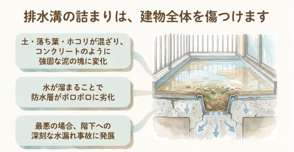 マンションの家庭菜園:「排水溝の詰まりは、建物全体を傷つけます」という見出しとともに、土・落ち葉・ホコリが混ざり強固な泥の塊に変化すること、防水層の劣化、階下への深刻な水漏れ事故への発展というリスクが解説されたスライド画像。