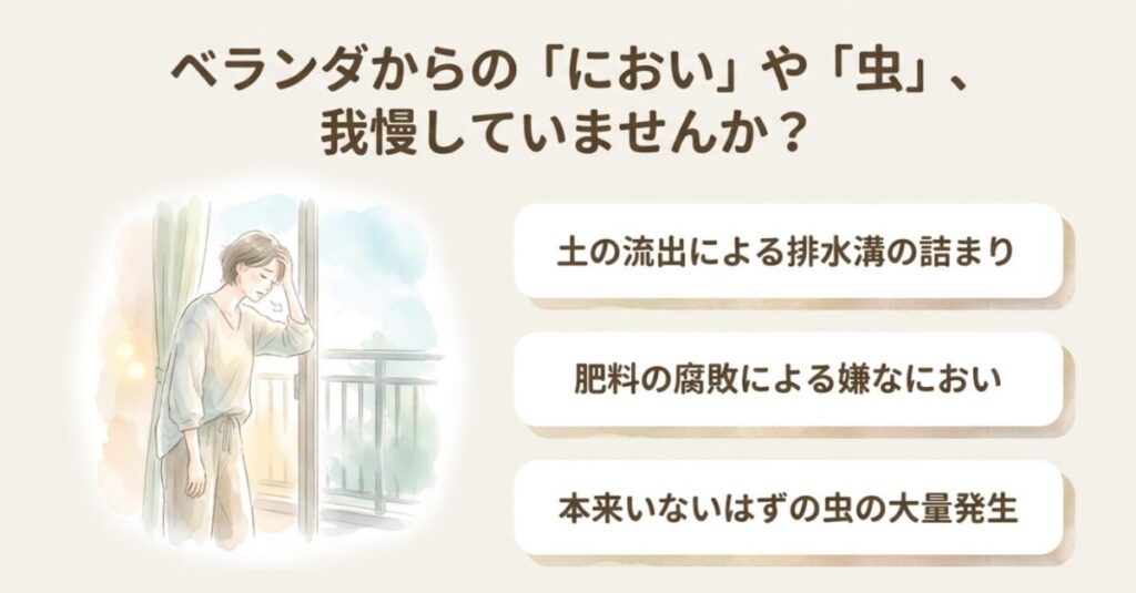 マンションの家庭菜園:「ベランダからの『におい』や『虫』、我慢していませんか?」という問いかけと、土の流出による排水溝の詰まり、肥料の腐敗による嫌なにおい、本来いないはずの虫の大量発生という3つの問題点が箇条書きで記載されたスライド画像。