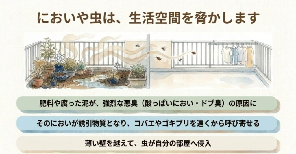 マンションの家庭菜園:泥水が溜まったベランダのイラストと、洗濯物が干されたベランダに虫が飛んでいる2枚のイラスト。「においや虫は、生活空間を脅かします」という見出しとともに、悪臭の原因、害虫の誘引、薄い壁を越えた室内への侵入リスクが記載されたスライド画像。