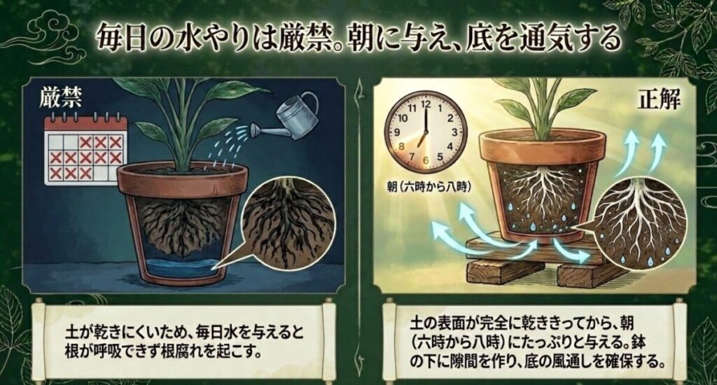 日陰家庭菜園：毎日の水やりは根腐れを起こすため厳禁であり、土が完全に乾ききってから朝の6時から8時にたっぷりと与えることを解説したスライド。