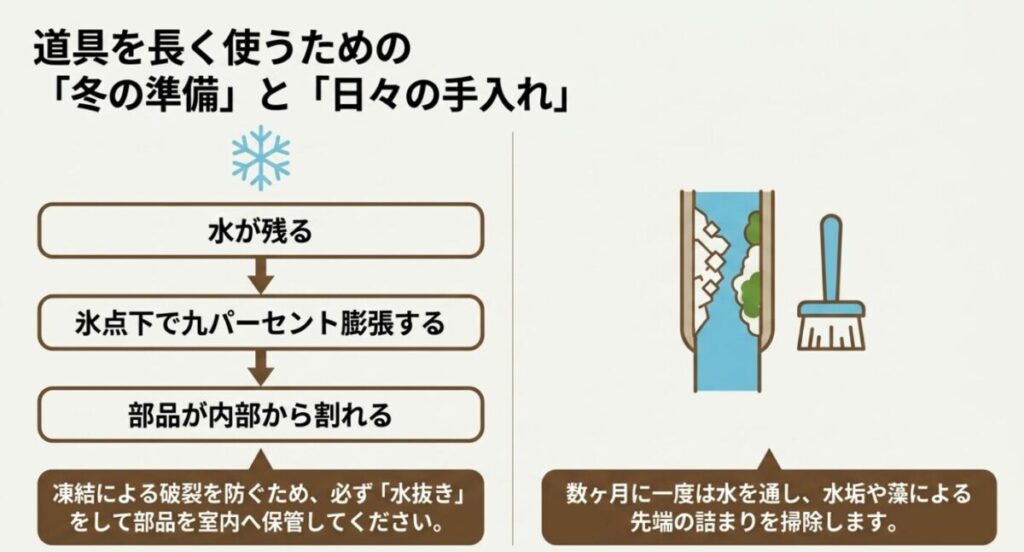 家庭菜園の自動水やり:水分が氷点下で9%膨張して部品が割れるのを防ぐための「水抜き」や 、水垢などによる先端の詰まりを掃除する日々の手入れについて解説しています 。
