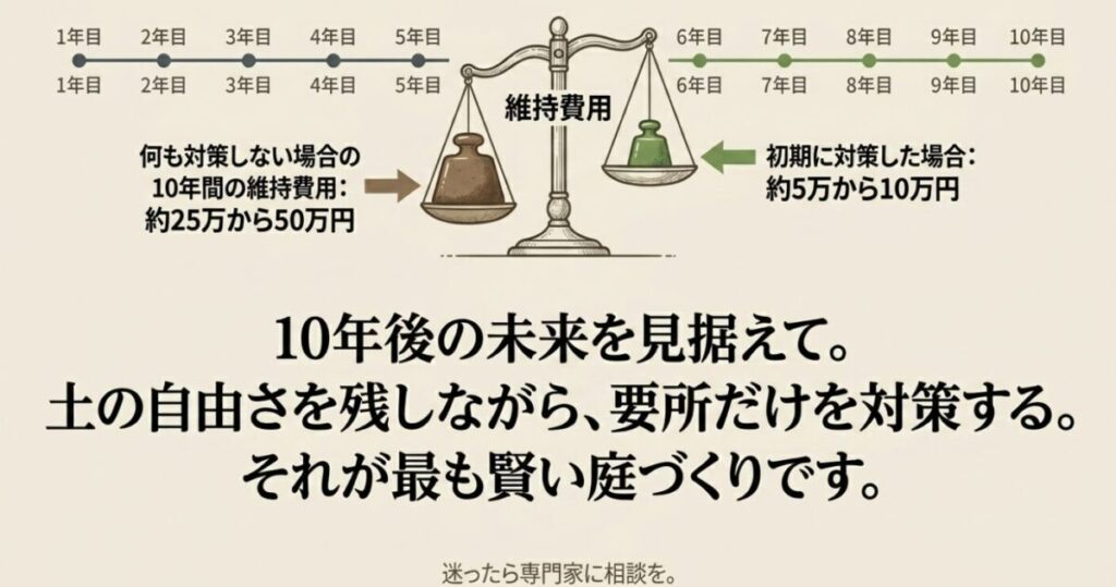 土の庭:天秤のイラストを背景に、何も対策しない場合の10年間の維持費用(約25万から50万円)と、初期に対策した場合(約5万から10万円)のコスト比較が示され、「10年後の未来を見据えて。土の自由さを残しながら、要所だけを対策する。それが最も賢い庭づくりです。迷ったら専門家に相談を。」とまとめられたスライド画像。