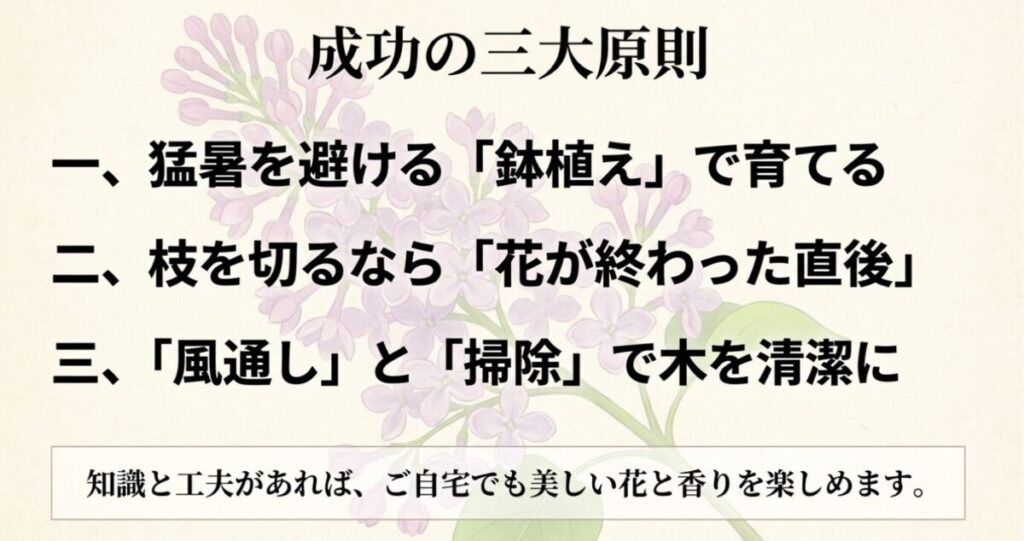 ライラック栽培成功の三大原則まとめ。猛暑を避ける鉢植え、花が終わった直後の剪定、風通しと掃除による清潔な環境維持